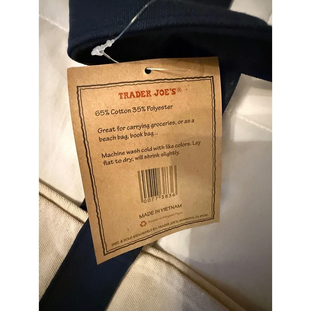 Trader Joe's Reusable Canvas Tote Bag Navy Blue Cream Embroidered Logo NWT